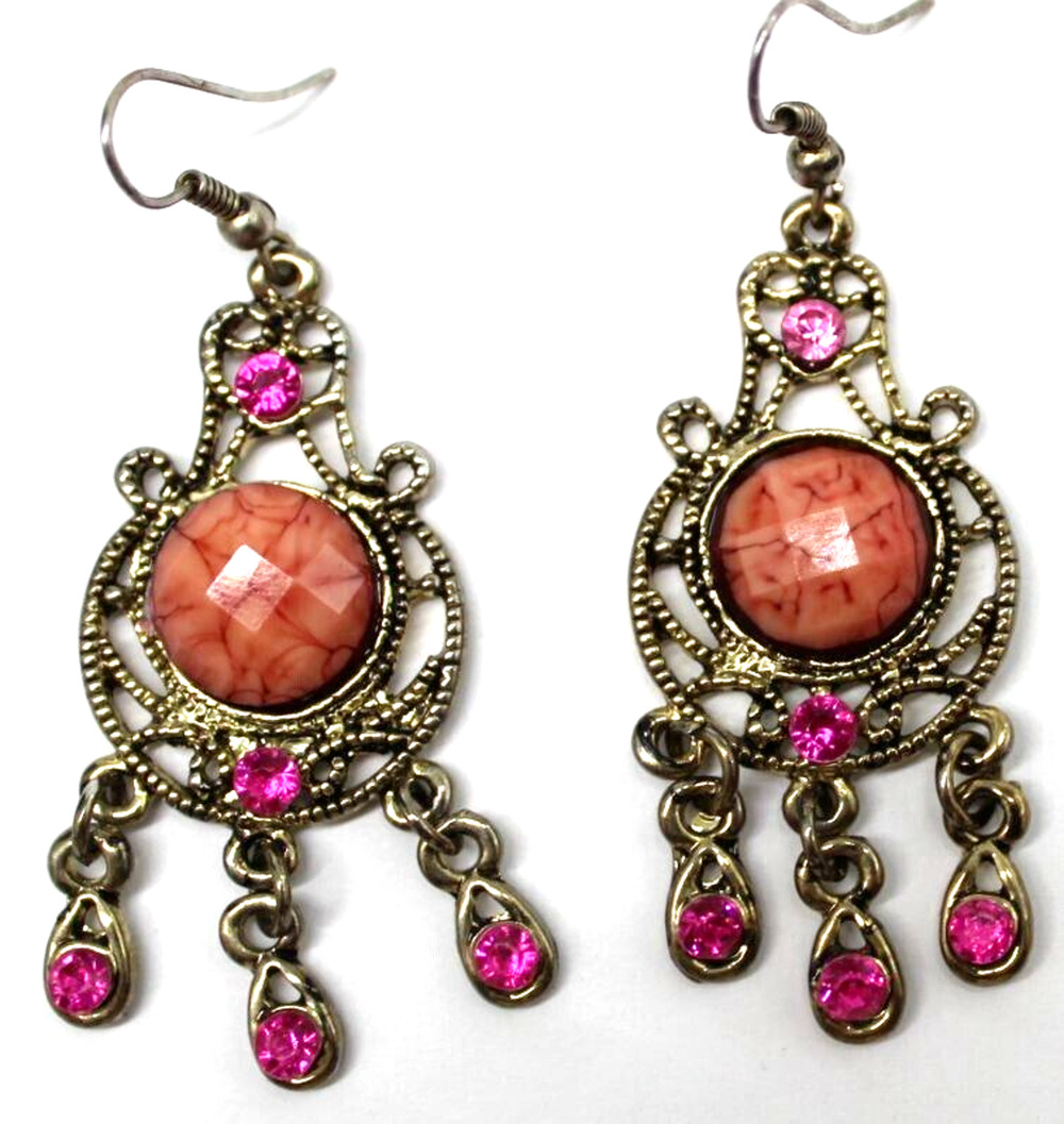 Vintage Pink Rhinestone Dangle Earrings • Antique Goldtone • 2" Drop • Hook